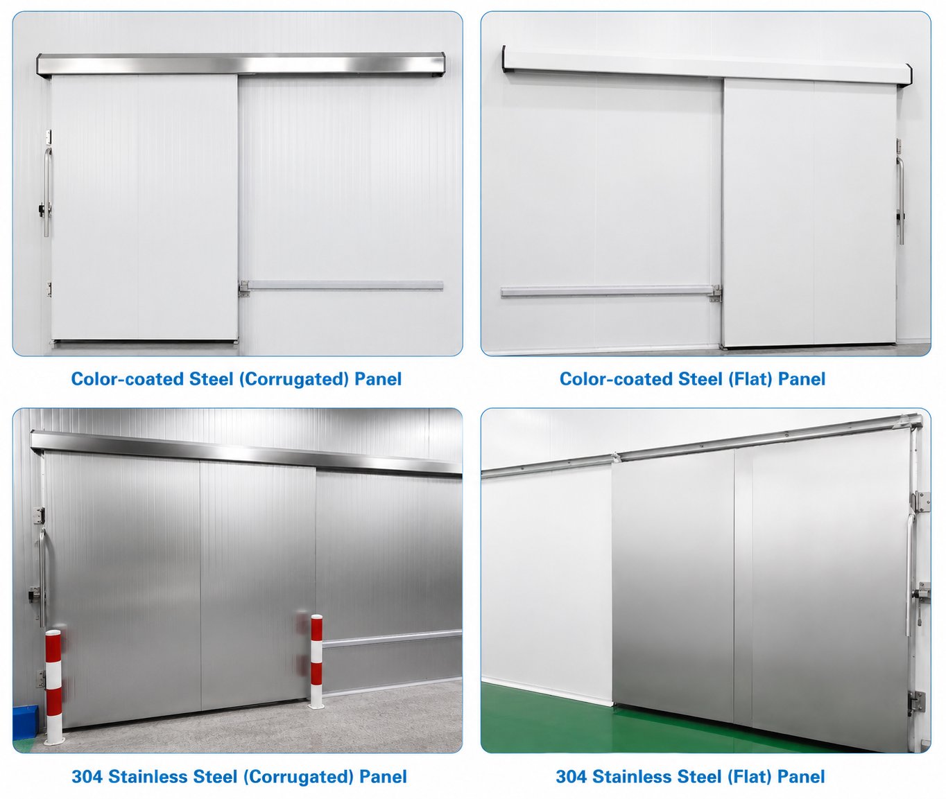 Sliding cold room door in four panel finishes: colour-coated corrugated, colour-coated flat, stainless corrugated, stainless flat