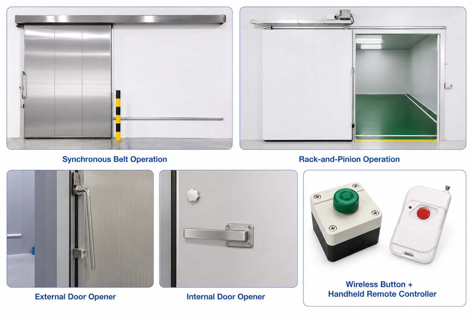 Sliding cold room door hardware: belt drive, rack-and-pinion operator, handle and push-button control