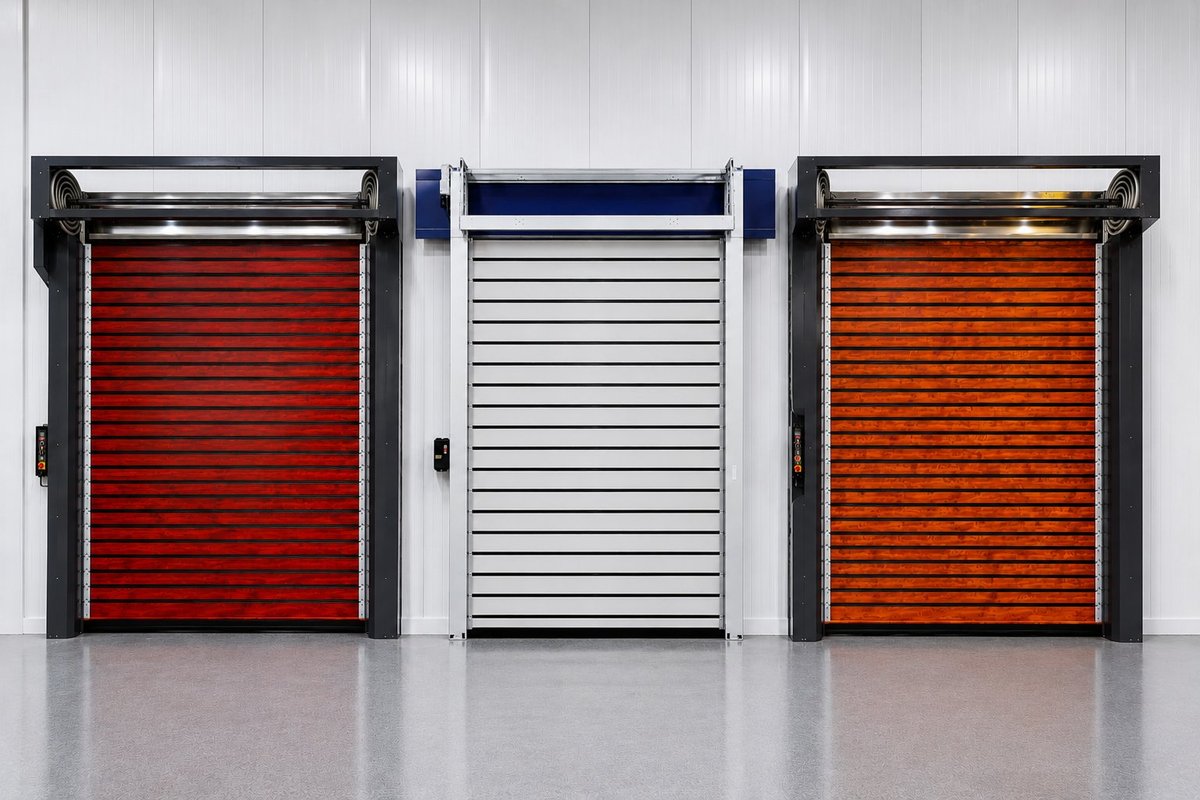 High-speed roll-up cold room doors on a loading dock, paired with insulated sliding doors