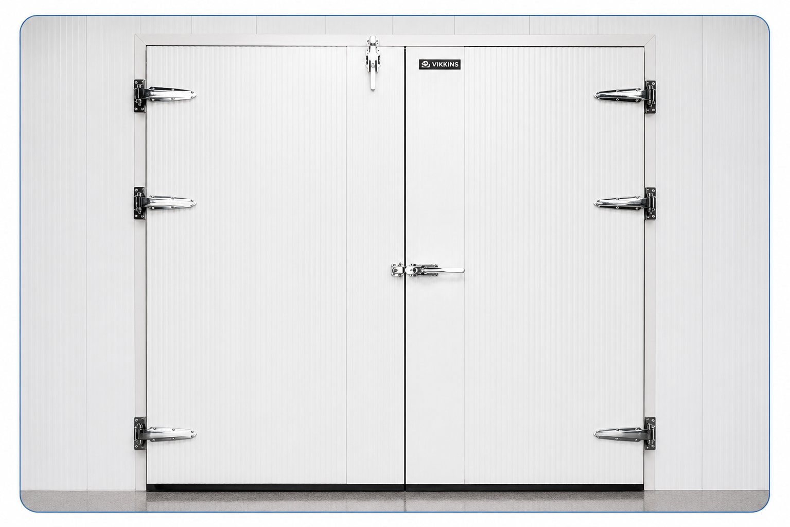 Double-leaf hinged cold room door with heated frame on a modular cold storage unit