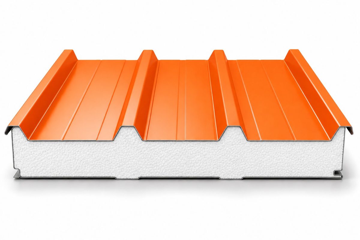 EPS sandwich panel showing the expanded polystyrene core between profiled steel faces