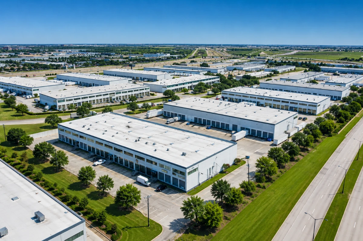 Grand parc industriel avec structures en acier VIKKINS et entrepôts à grande portée