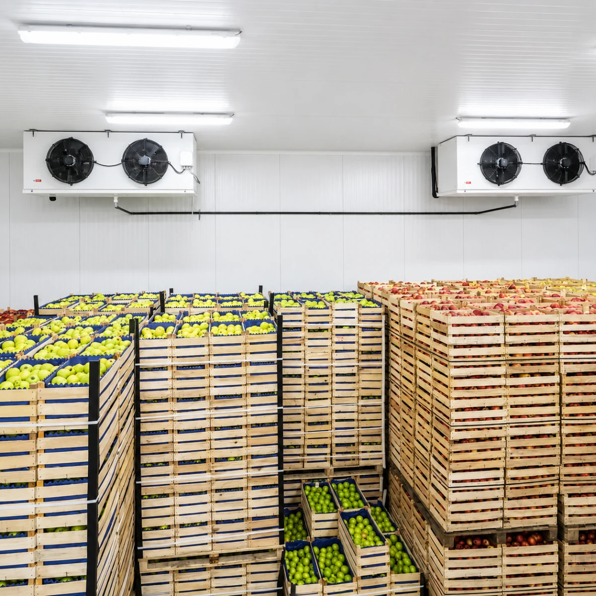 Cold room storing crates of fresh apples and produce under ceiling evaporators