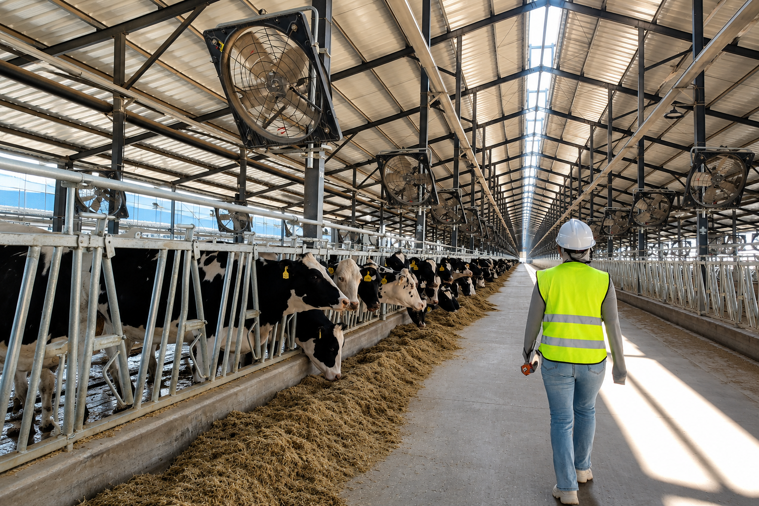 Inside a steel structure dairy barn with naturally ventilated cattle housing