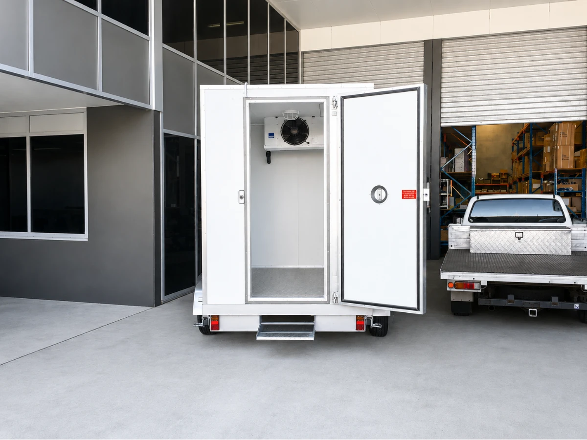 Mobile cold room on a trailer with the door open showing the internal evaporator