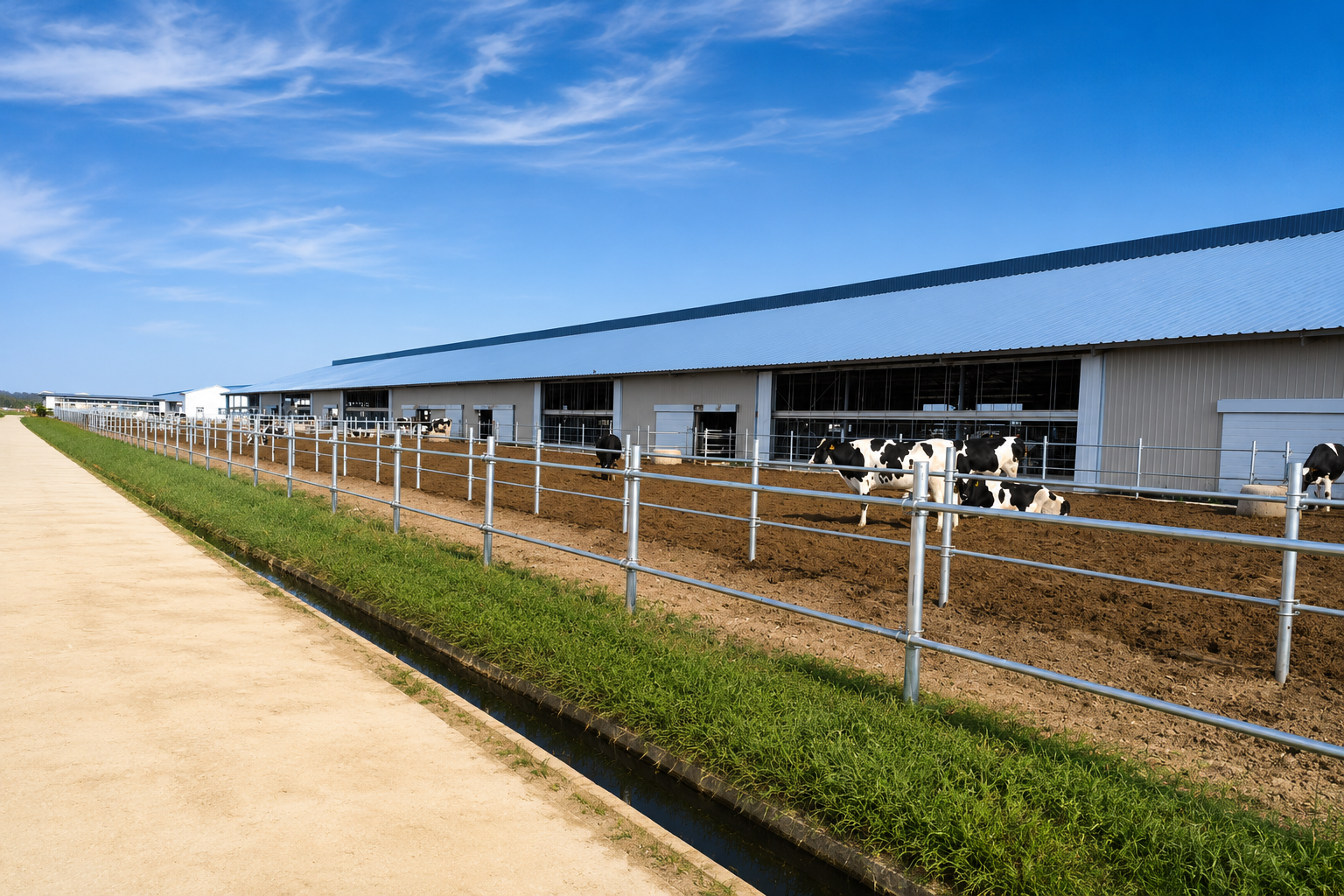 Steel structure dairy farm with multiple cattle barns