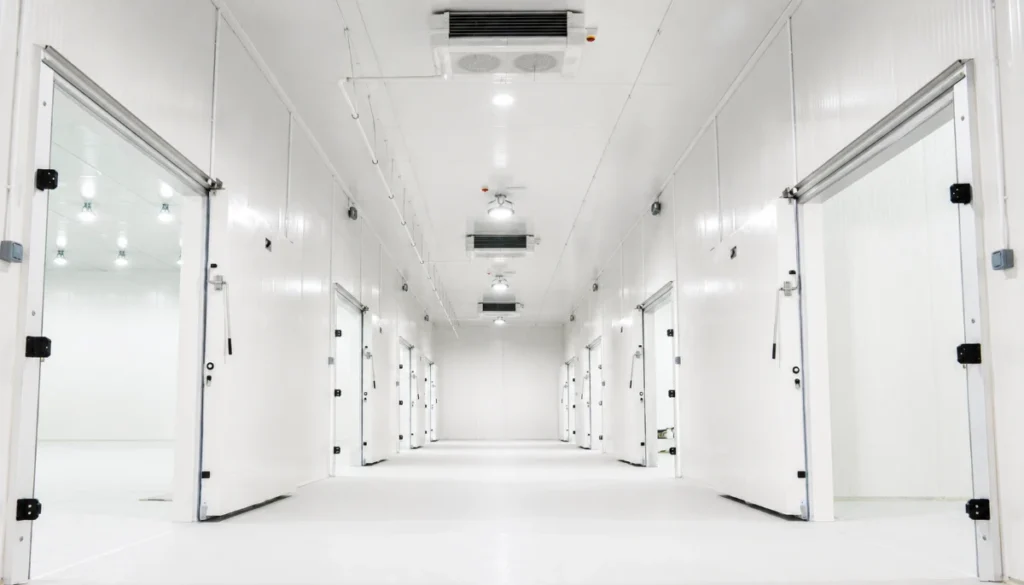 Interior view of walk-in cold room with walls and temperature-controlled environment maintained.