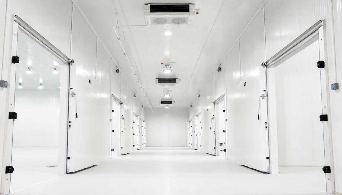 Walk-in cold room interior showing continuous insulated envelope and panel joints