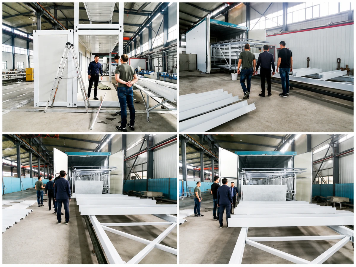 Buyers auditing a steel structure factory and inspecting panels on the production line