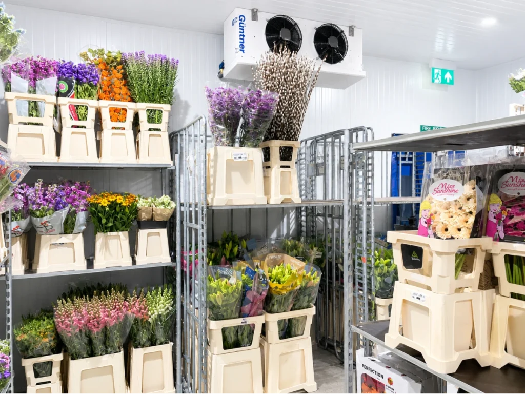 Cámara frigorífica con temperatura controlada para la conservación de flores frescas y arreglos florales.