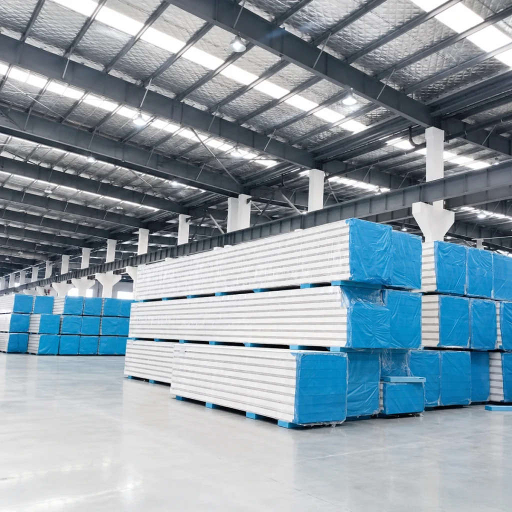 Stacked cold room sandwich panels arranged in the factory warehouse storage area.