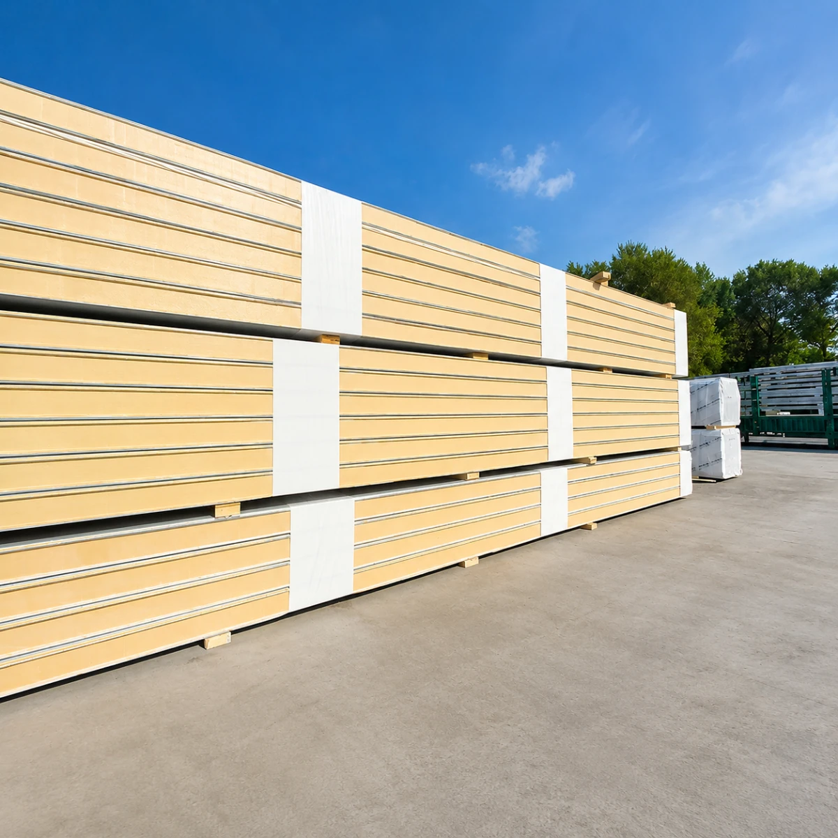 Stack of cold room sandwich panels ready for installation