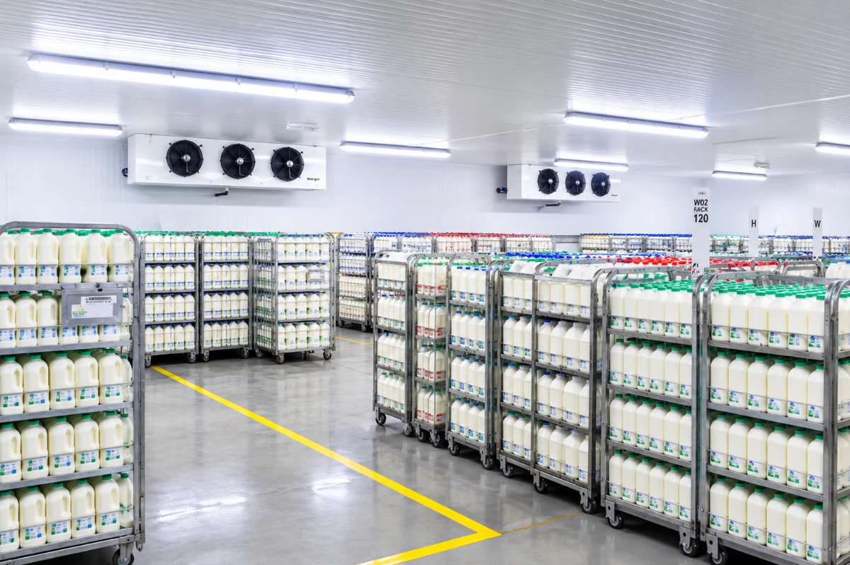 Interior of a cold storage room built with cold room panels and ceiling evaporators