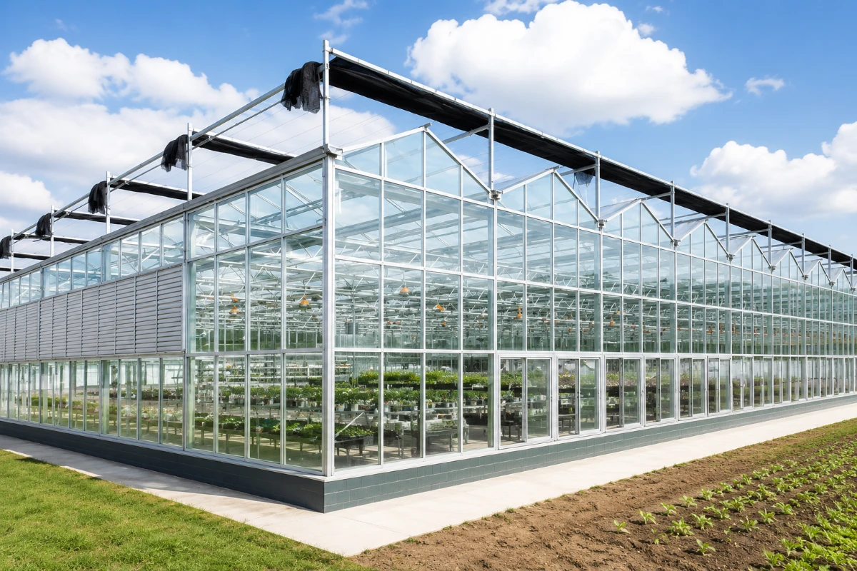 Multi-span glass greenhouse with a steel structure