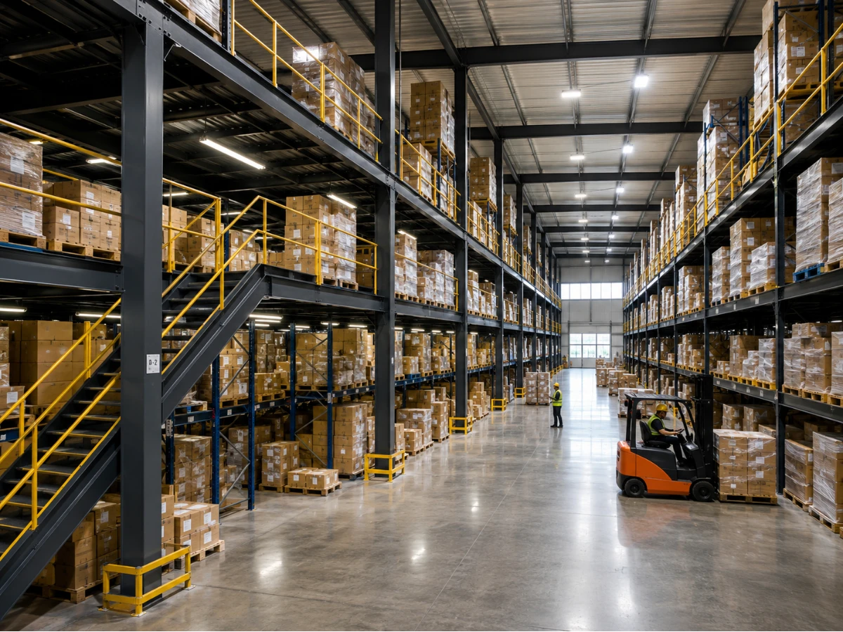 High-bay steel warehouse with tall pallet racking using the full eave height