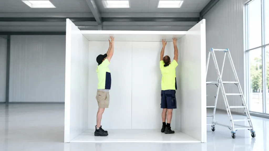 Trabajadores instalando paneles de cámara frigorífica durante el proceso de construcción de la pared.