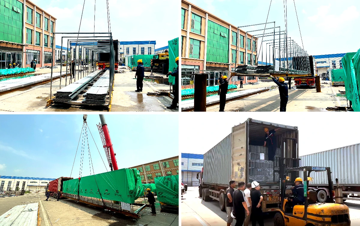 Loading a packed steel building into containers for export shipping