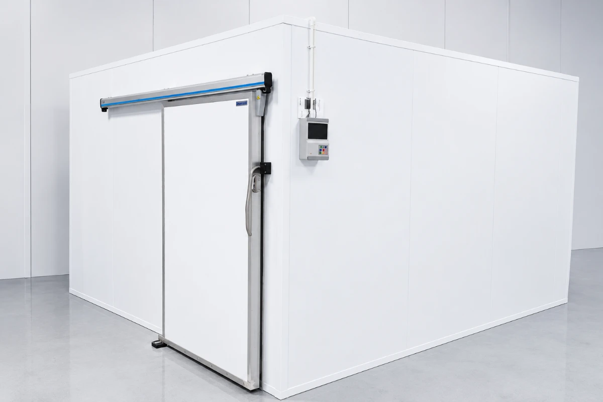 Modular walk-in cold room with insulated panels and hinged door