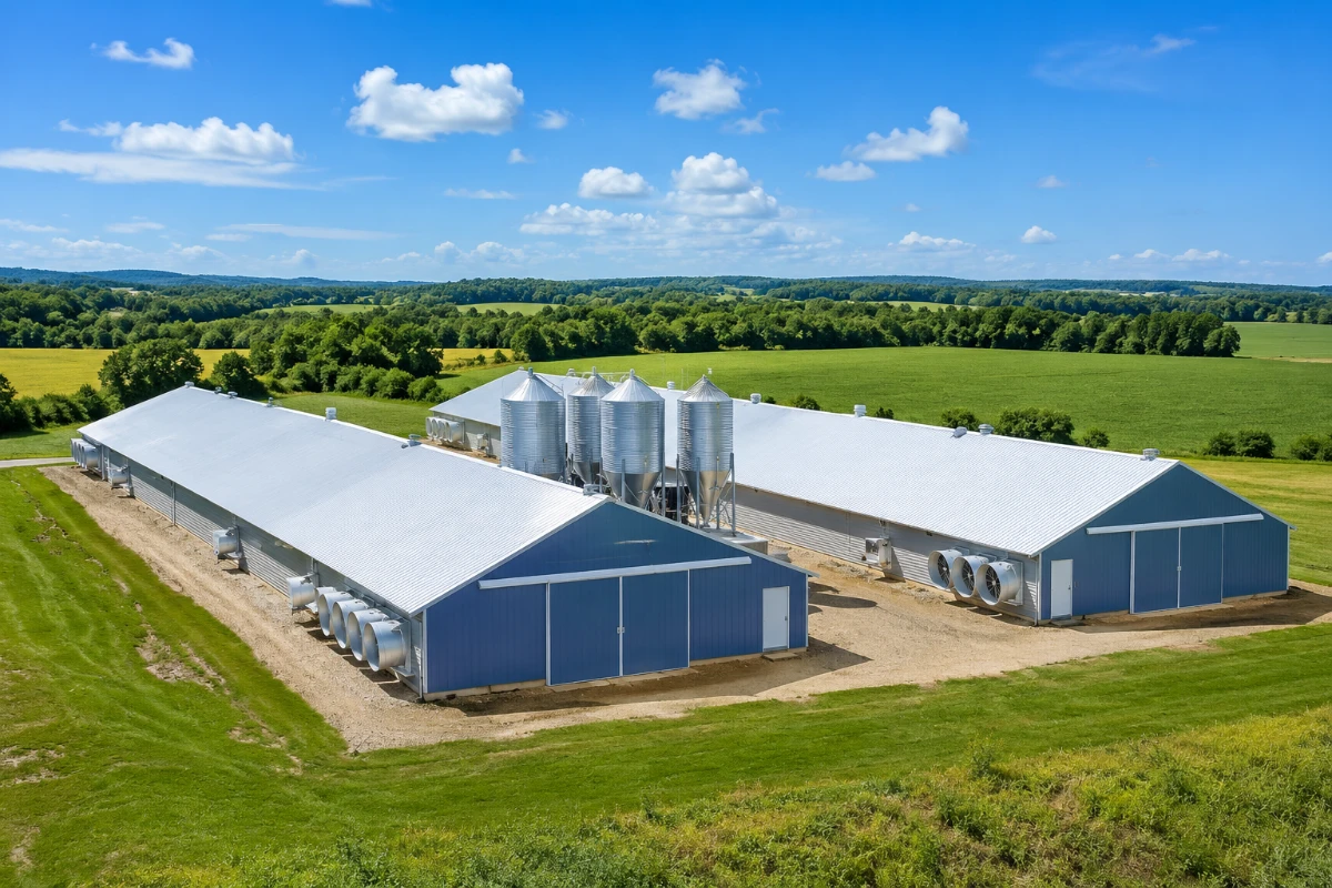 Aerial view of a poultry farm with steel poultry houses and feed silos