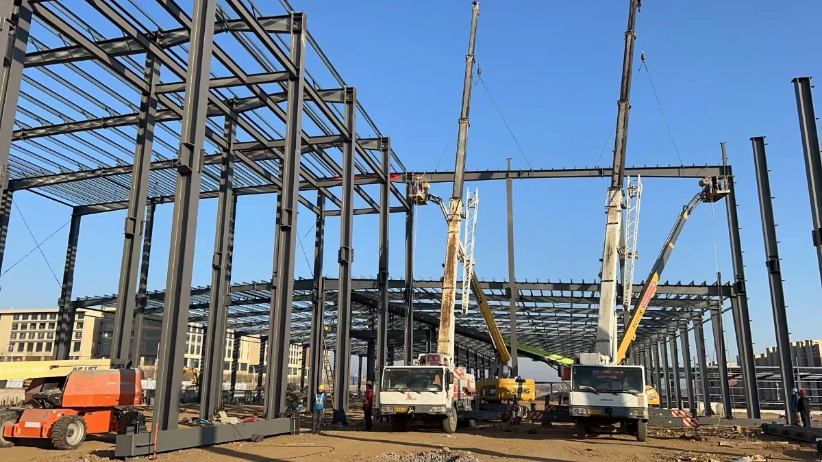 Prefabricated steel structure being assembled on site like building blocks