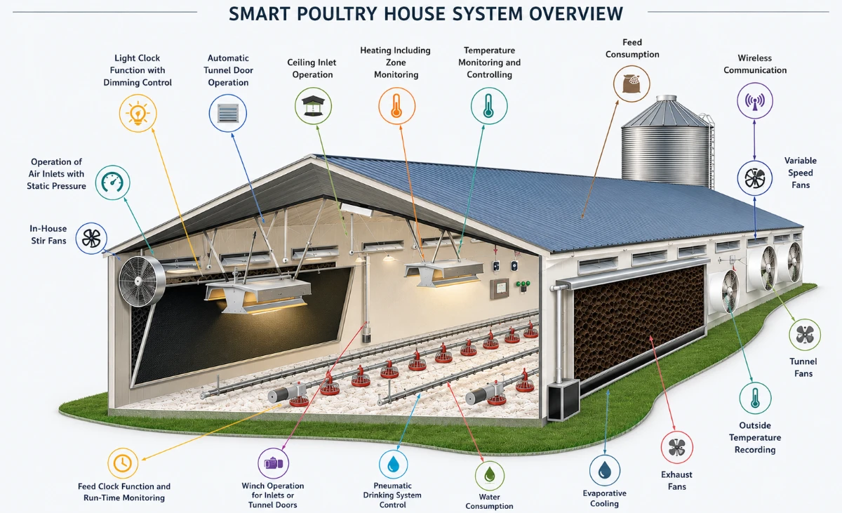 Diagram of a smart poultry house tunnel ventilation and environmental control system