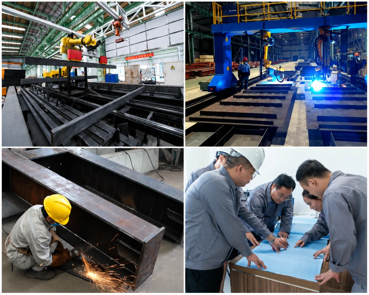 Steel fabrication quality control with robotic welding, CNC cutting and drawing inspection
