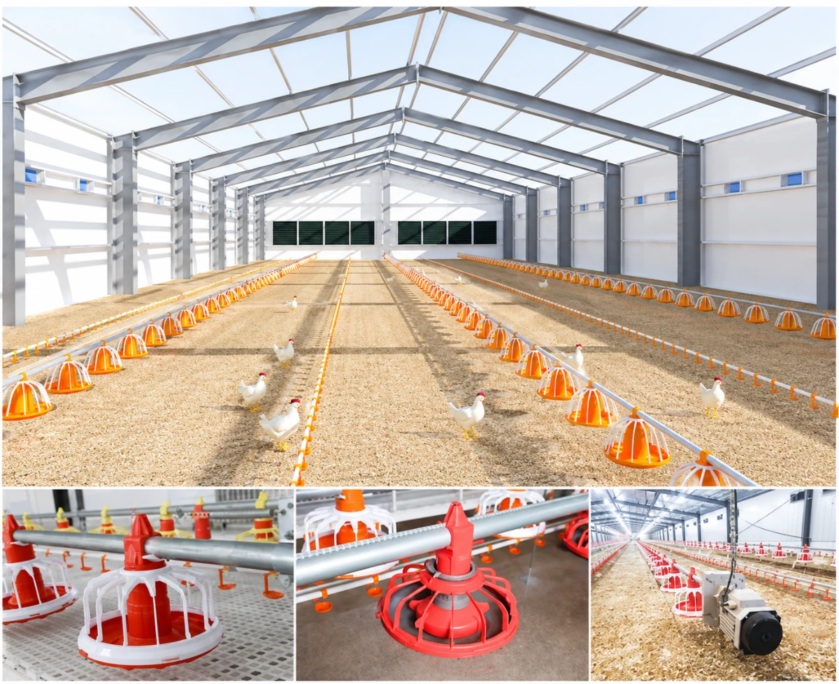 Clear-span steel poultry house interior with feeder and drinker lines