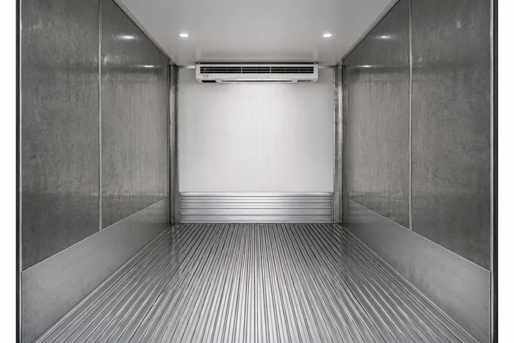 Interior view of container cold room showing evaporator and sandwich panel insulation.