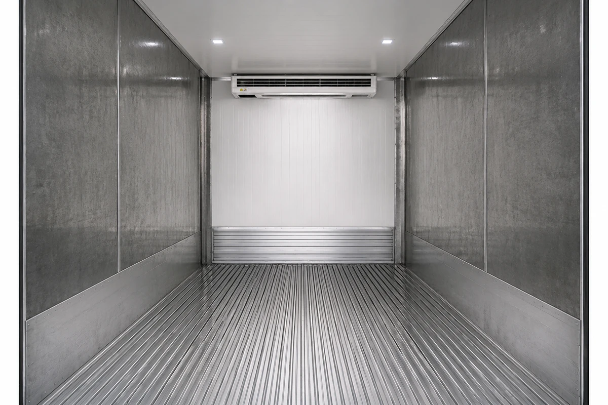 Interior of a container cold room with evaporator and insulated panels
