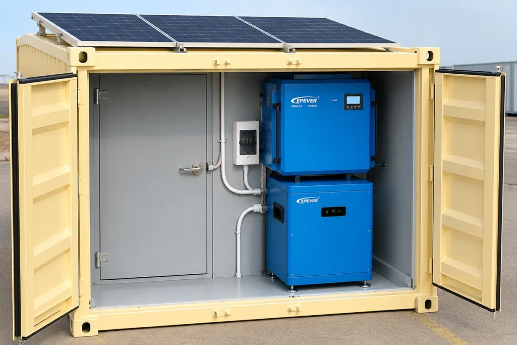 Off-grid solar container cold room with photovoltaic panels installed on rooftop.