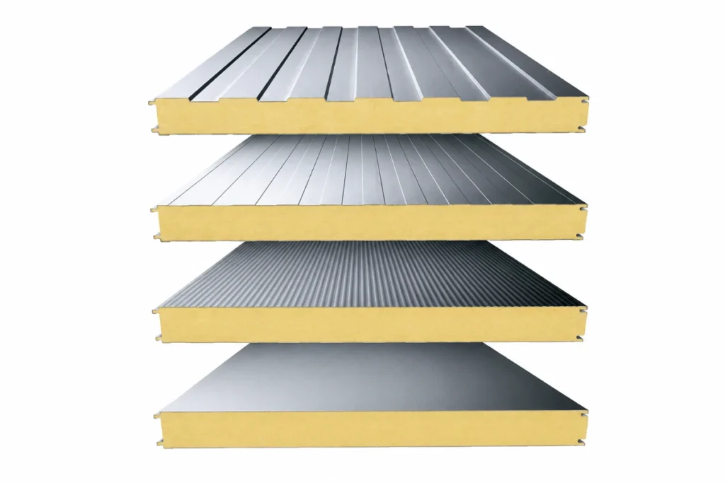 Close-up cross-section showing polyurethane foam core in insulated cold room panel construction.
