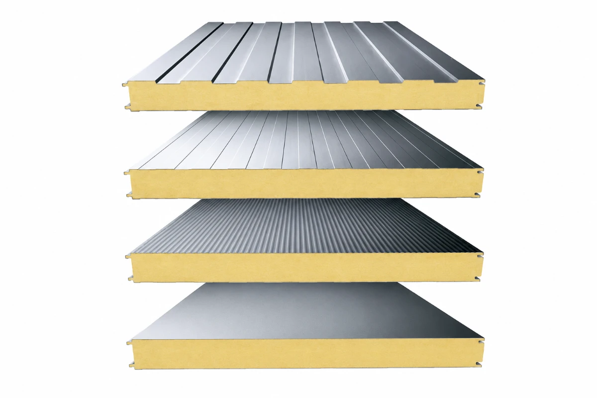 Cross-section of a polyurethane cold room sandwich panel showing the rigid foam core