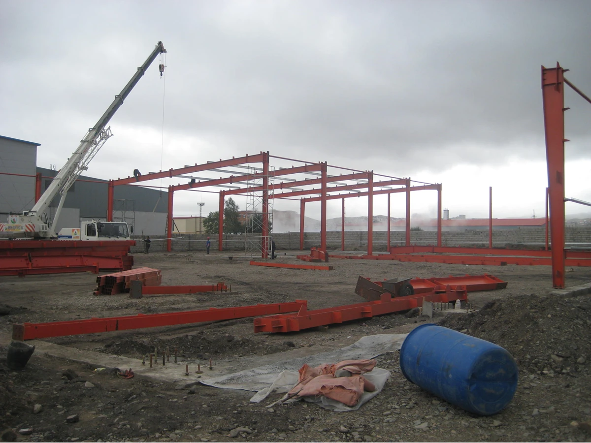 Portal frame steel building under construction on site