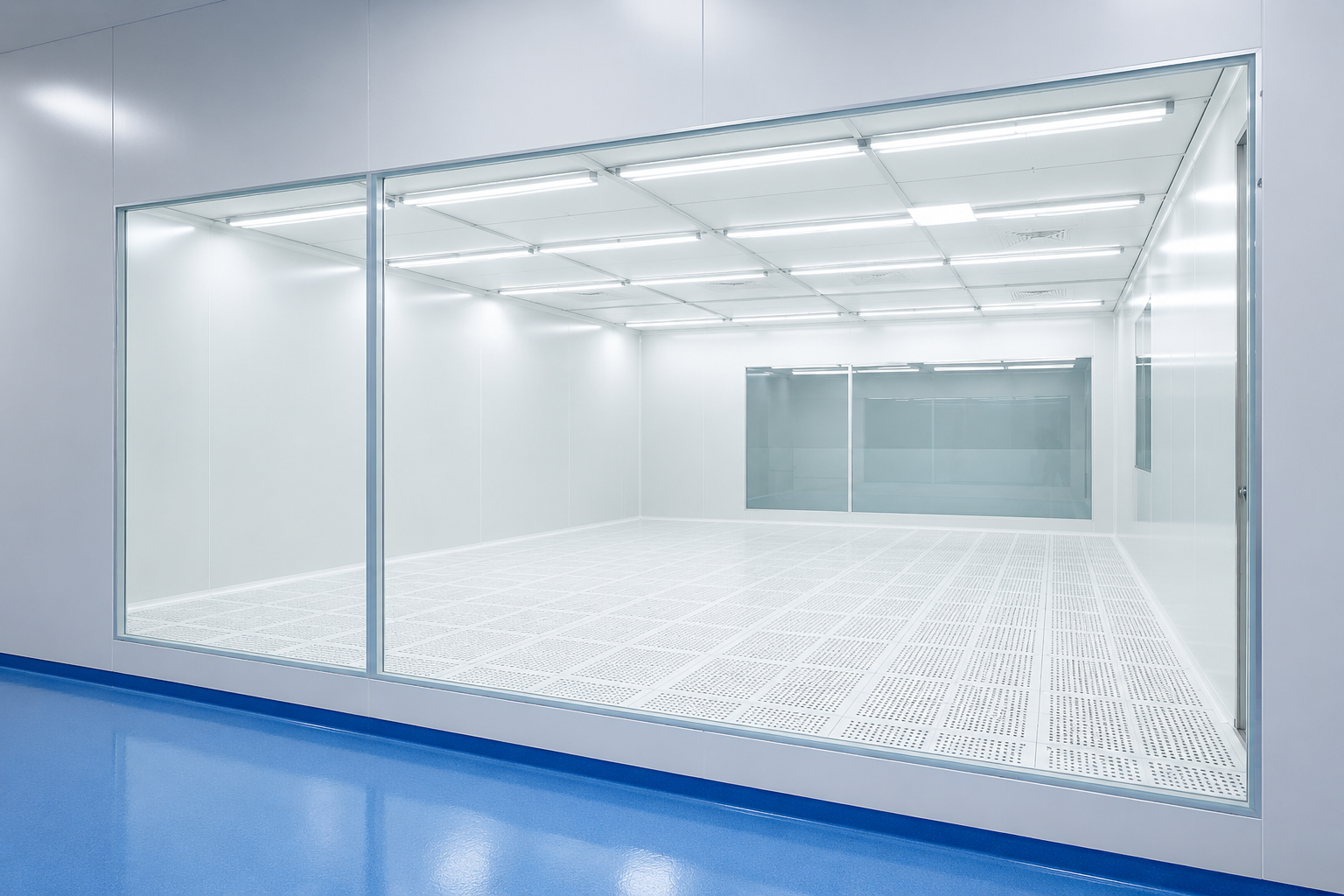 Flush double-glazed cleanroom view window wall with perforated raised floor