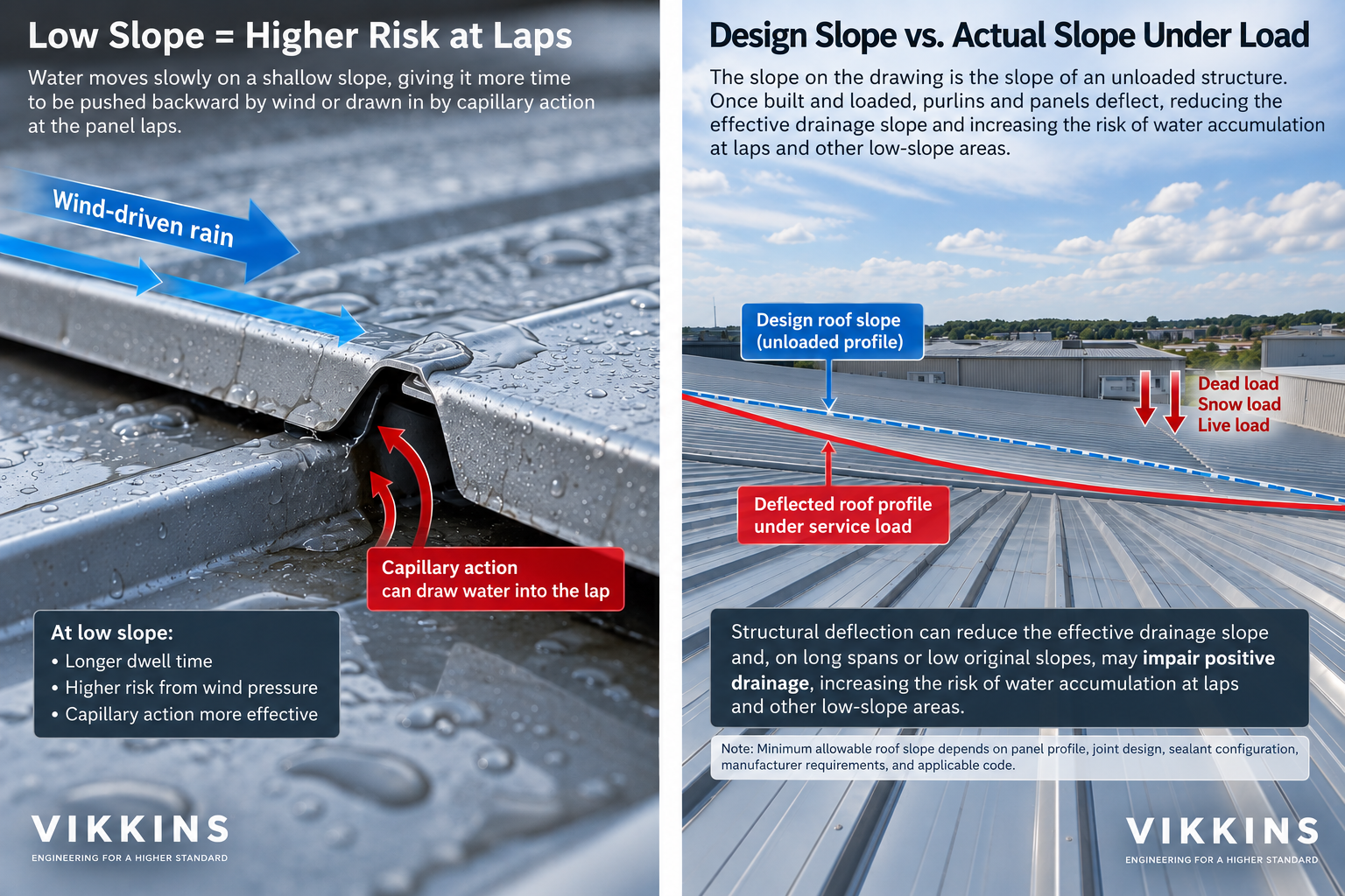 Steel roof slope drainage: low slope increases water infiltration risk at panel laps