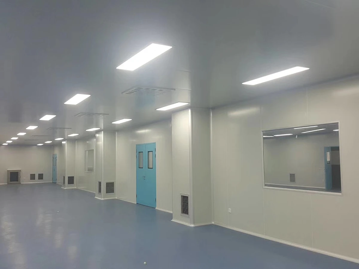 Cleanroom interior with modular panels and grid ceiling