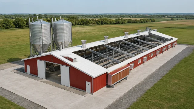 Instalación avícola integrada con múltiples naves para ponedoras que cuentan con zonas de ventilación independientes.