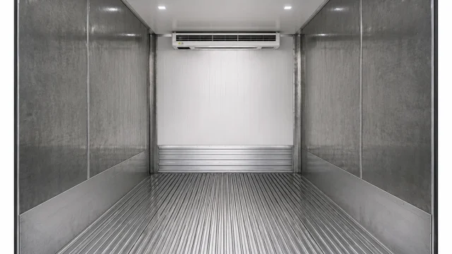 Interior view of container cold room showing evaporator and sandwich panel insulation.