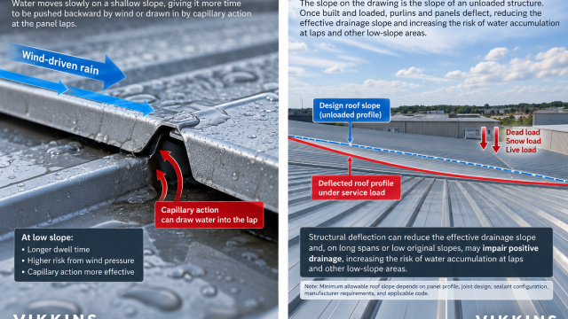 Low roof slope increases water infiltration risk at panel laps