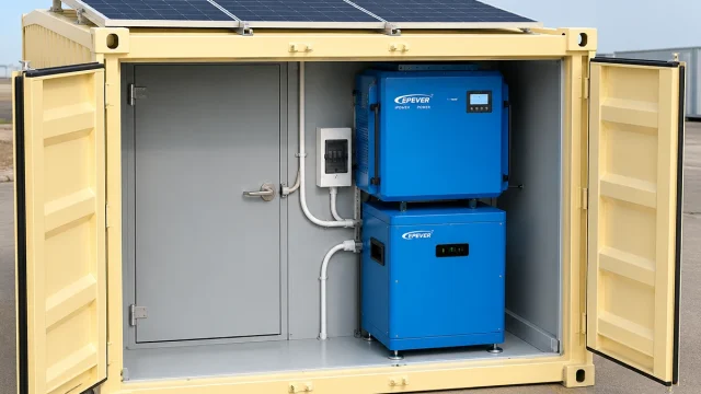Off-grid solar container cold room with photovoltaic panels installed on rooftop.