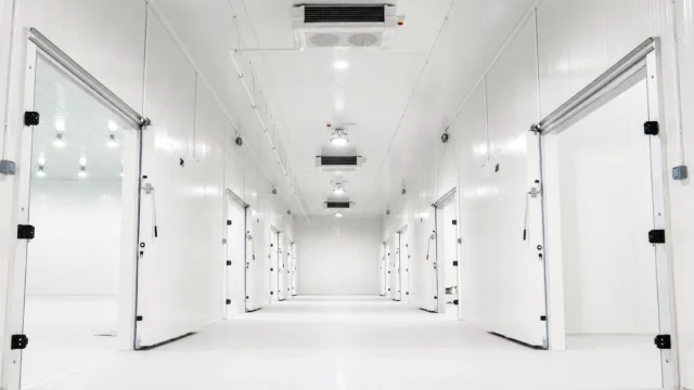 Interior view of walk-in cold room with walls and temperature-controlled environment maintained.